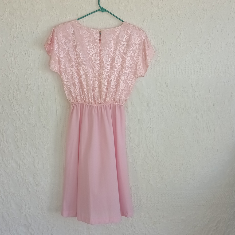 Vintage Pastel Pink Dress Matching Jacket Lace Elegant Retro Sheer Girly 80s - Picture 11 of 13